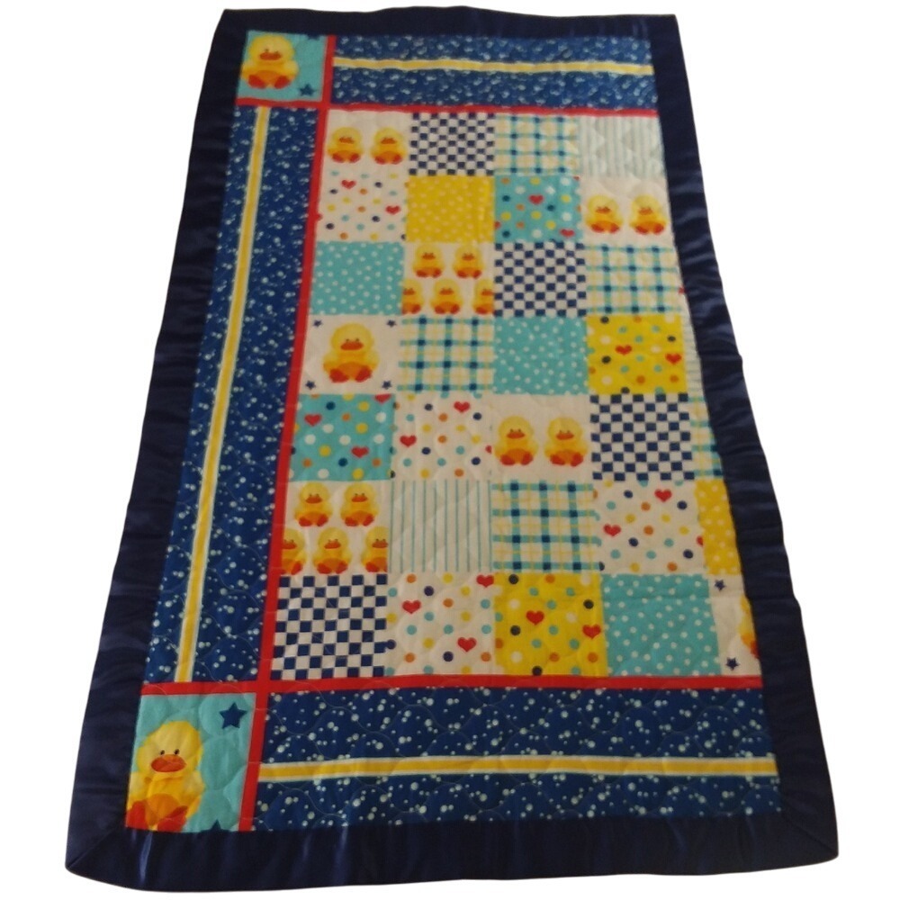 Handmade Baby Quilt Duck Patchwork Blanket Satin Trim Play Mat Blue Yellow 45x28